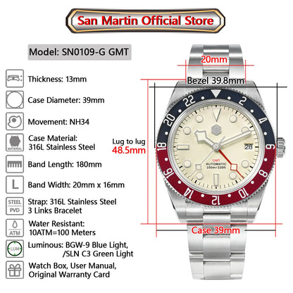 San Martin 39mm NH34 GMT Men Luxury Watch Bidirectional Aluminum Bezel Automatic Mechanical Sapphire 100M Waterproof  SN0109