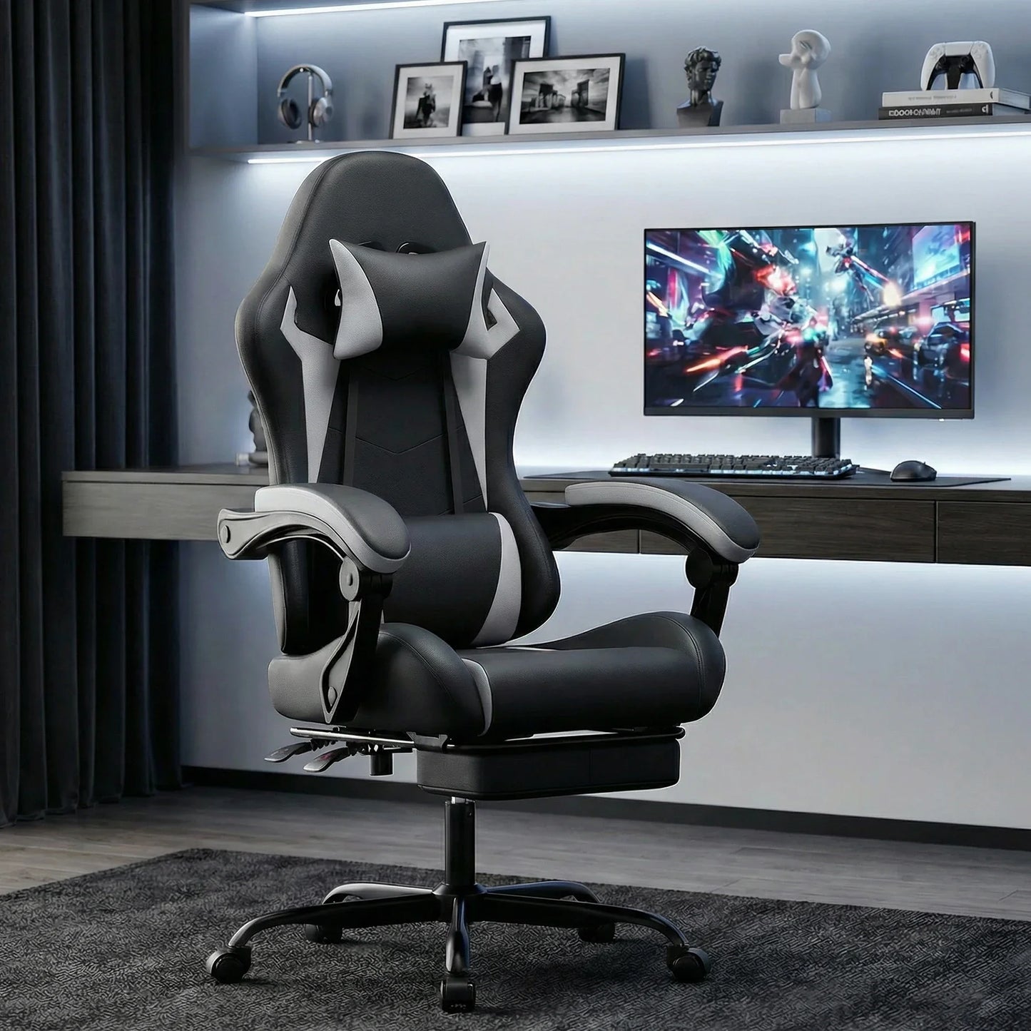 Comanlai Gaming Chair with Footrest Ergonomic High Back Computer Chair with Adjustable Headrest Lumbar Support PU Swivel Chair