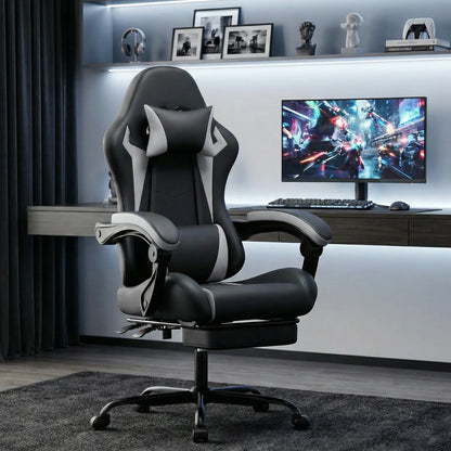 Comanlai Gaming Chair with Footrest Ergonomic High Back Computer Chair with Adjustable Headrest Lumbar Support PU Swivel Chair