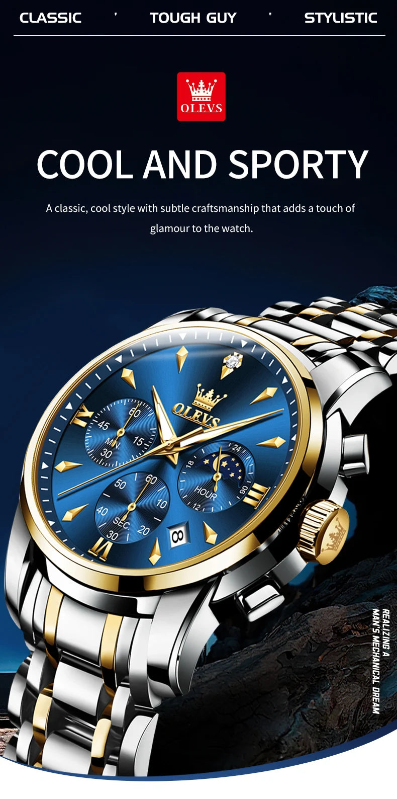 OLEVS 3639 Top Brand Original Luxury New Quartz Watch Stainless Steel Watch For Men Waterproof Luminous Moon Phase Mens Watch