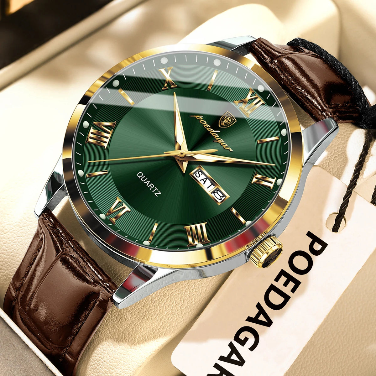 Relógio de homem na moda POEDAGAR, bracelete em pele, data e dia da semana, relógio de quartzo de luxo, estanque, luminoso, estilo business descontraído.