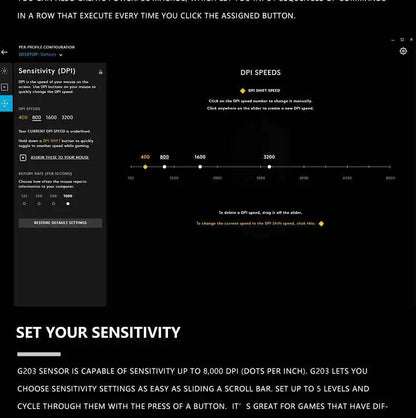 Logitech G203 LIGHTSYNC Mouse Wired 8000 DPI Sensor RGB Sync 6 Buttons Mechanical Tensioning Office-Gaming Dual-Use
