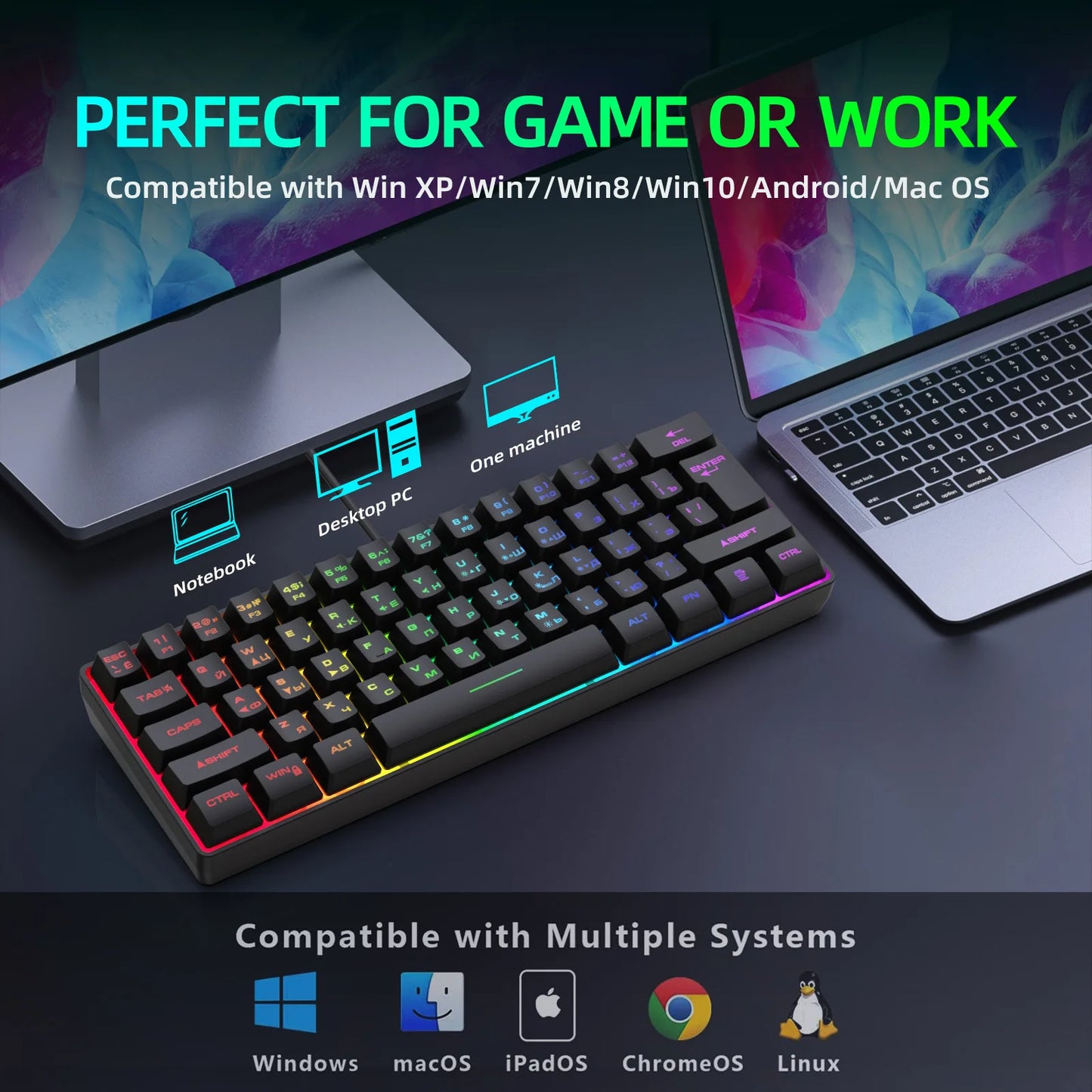 Russian Keyboard English RGB Lighting 61 Keys 60% Layout Gaming Keyboard ISO USB Wired Full Key No Impact K401 For Game Office