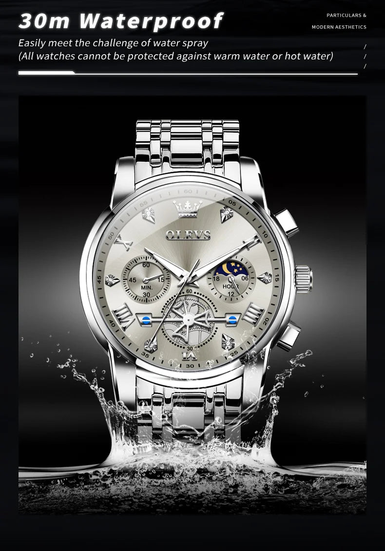 OLEVS Men's Watches Classic Multifunctional Flywheel Chronograph Original Quartz Wristwatch Moon Phase 24 Hour Waterproof Watch