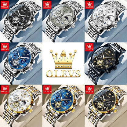 OLEVS Men's Watches Classic Multifunctional Flywheel Chronograph Original Quartz Wristwatch Moon Phase 24 Hour Waterproof Watch