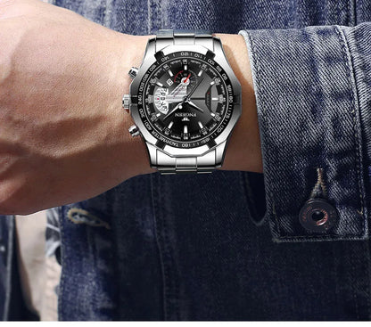 Relógio de pulso para homem, estilo militar, casual ou desportivo, de quartzo, de marca de prestígio, inteiramente em aço, à prova de água