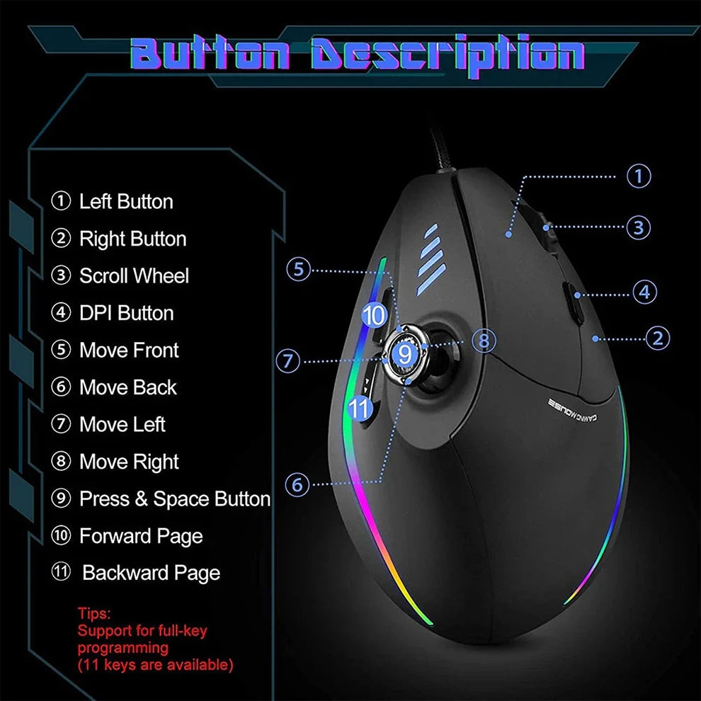 BOW Wired Gaming Mouse Programmable 12 Buttons RGB Mouse for Gamer Desktop Laptop PC Ergonomic Vertical Mouse Joystick 10000DPI