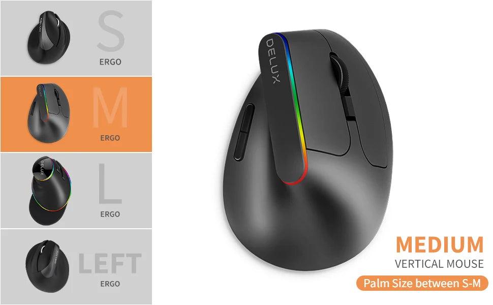 Delux  Ergonomic Vertical Mouse Rechargeable Wireless RGB Mouse Bluetooth 2.4G  4000DPI Gaming Silent Mice For Laptop PC