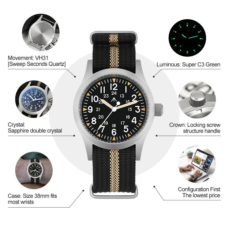 Militado ML05 Vintage Watch VH31 Sweep Second Movement Domed Sapphire Crystal With High Clear AR Coating Luminous 38mm Watches