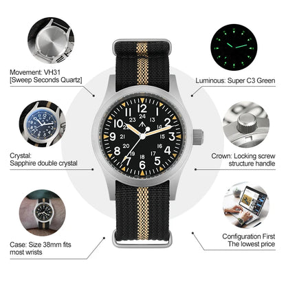 Militado ML05 Vintage Watch VH31 Sweep Second Movement Domed Sapphire Crystal With High Clear AR Coating Luminous 38mm Watches
