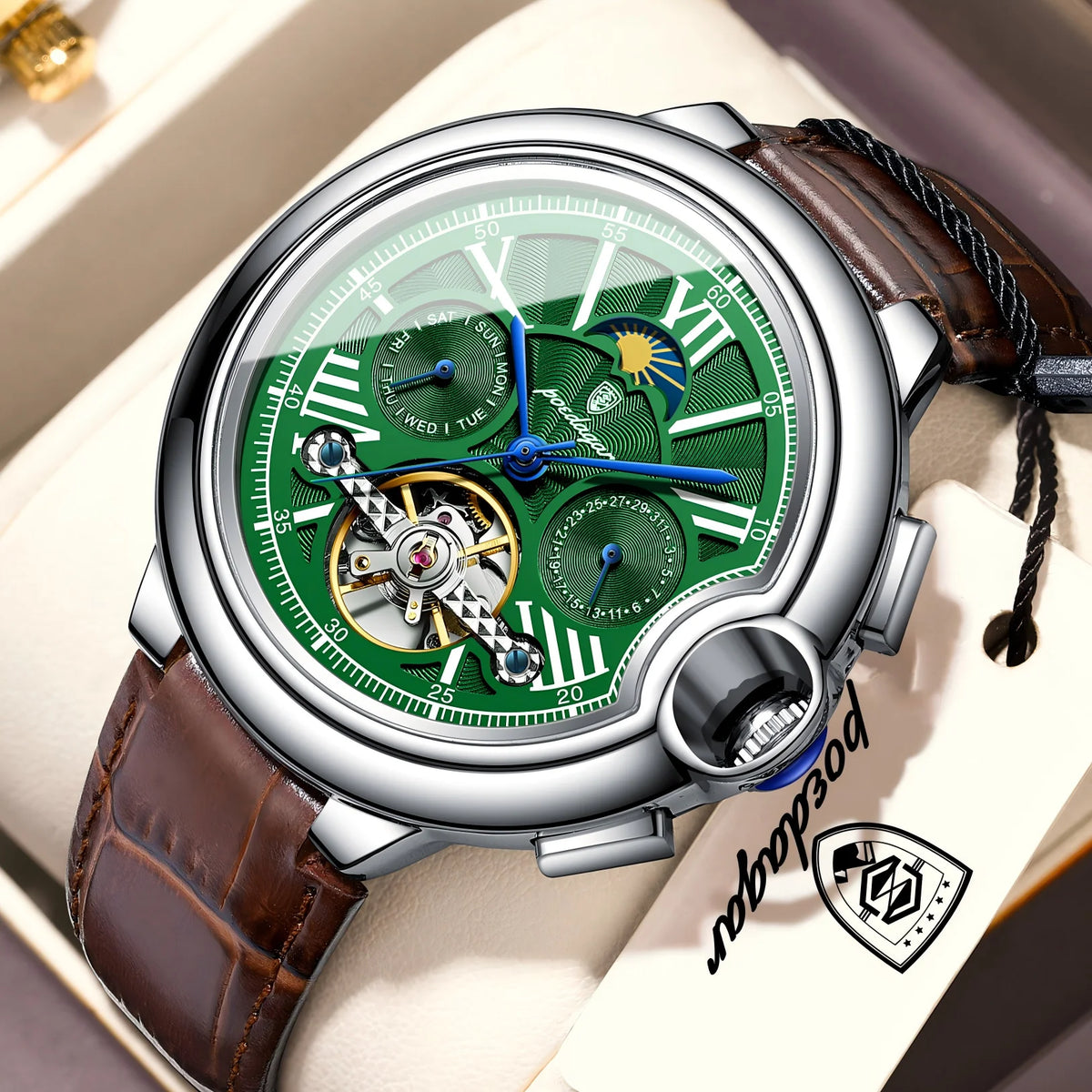POEDAGAR luksusur til mænd – Mekanisk automatisk model med dato- og ugedagsvisning, læderrem, tourbillon, vandtæt, elegant og professionelt design.