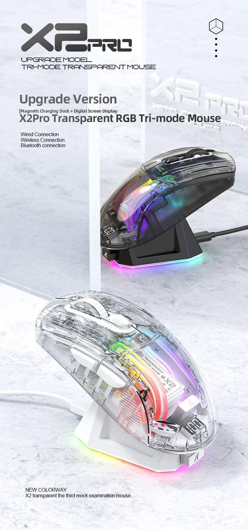 Attack Shark X2PRO Bluetooth Mouse, Tri-Mode , RGB Lights, Magnetic Charging ,Transparent, Battery Indicator, Computer Phone