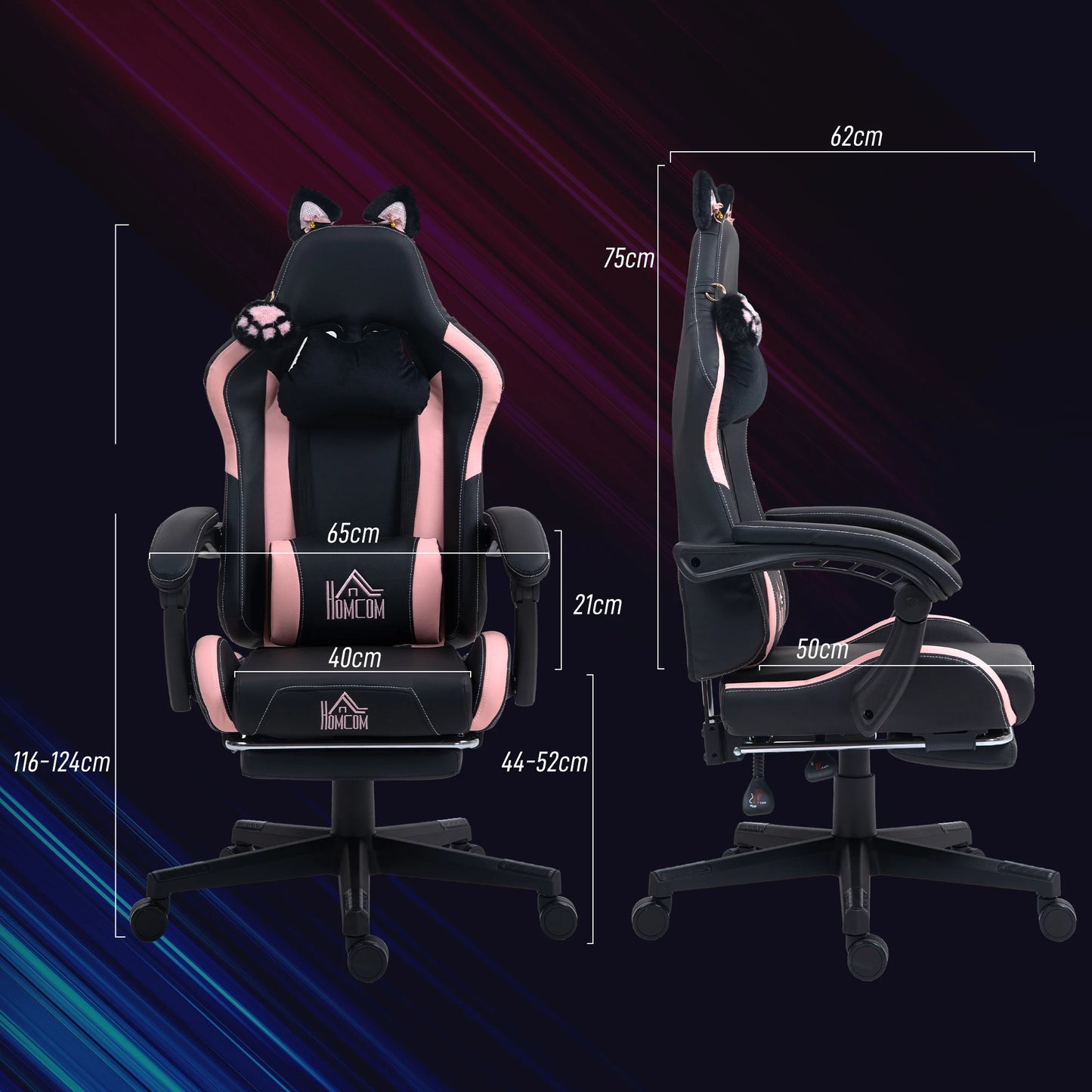 Gaming chair with cat ears, tiltable backrest, retractable footrest, maximum load capacity 120kg, gaming chair, office chair,