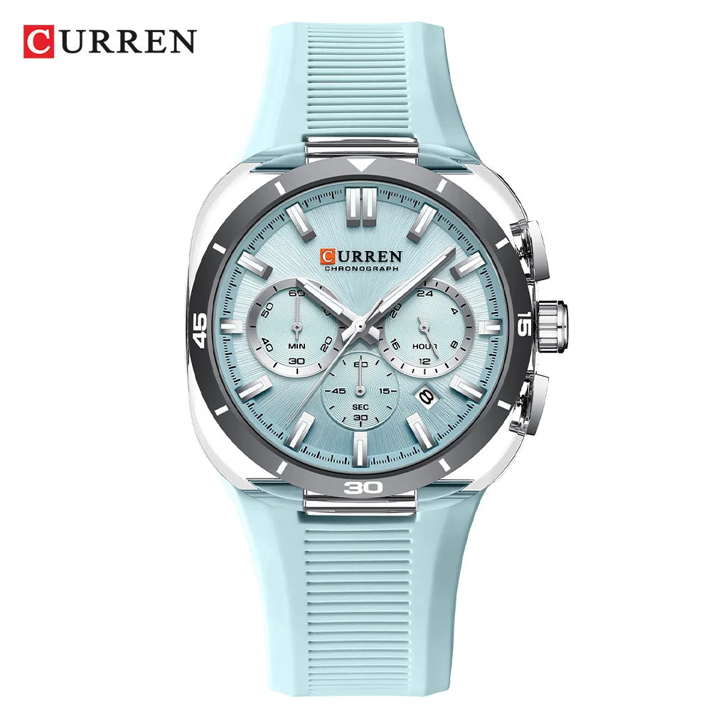 Relógio de homem CURREN – Novo modelo de luxo com movimento de quartzo, bracelete em silicone, estilo desportivo, multifunções, à prova de água, luminoso, com indicação da data e cronómetro.