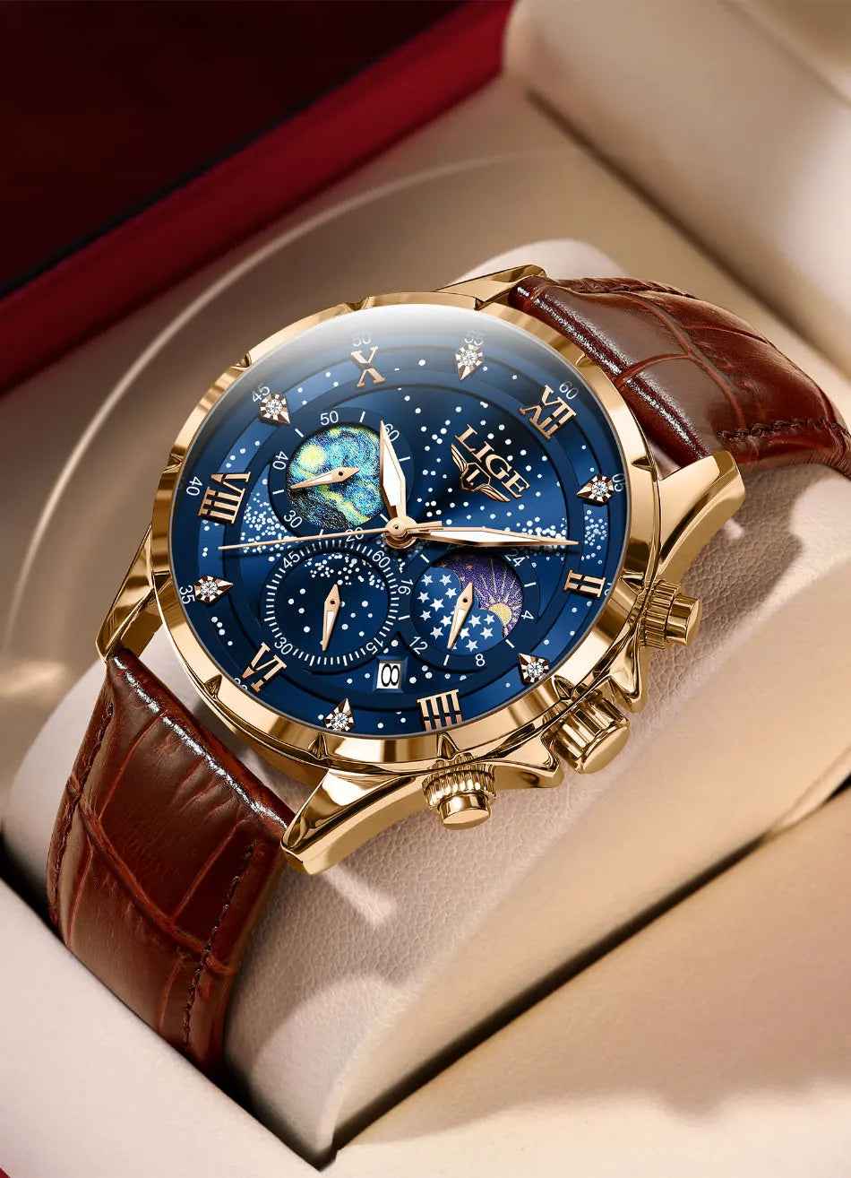 Relógio para homem LIGE – Relógio de quartzo de luxo, estilo descontraído, bracelete em pele, ideal para o trabalho ou para a prática desportiva, resistente à água, com data e cronógrafo.