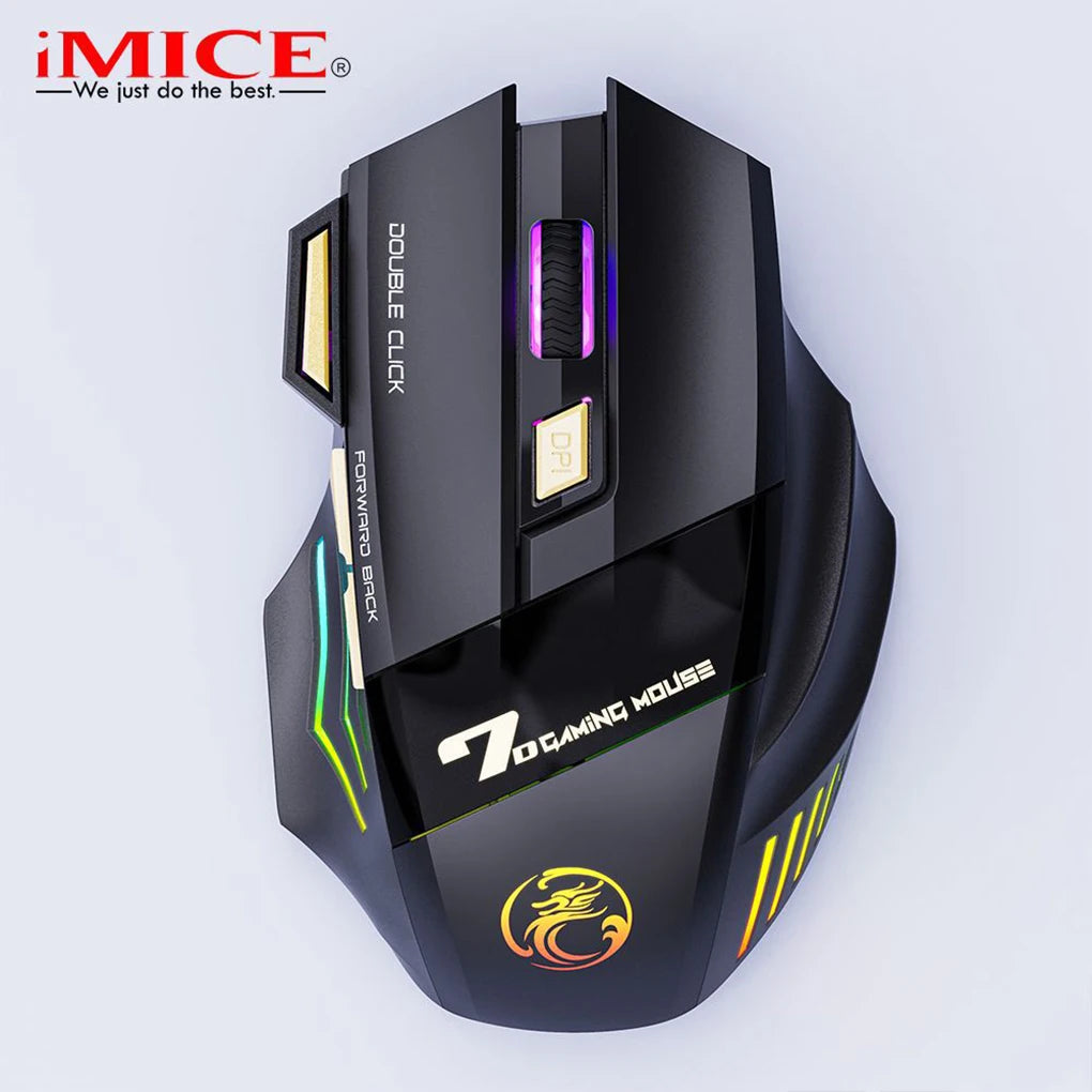 Wireless Rechargeable Optical Mouse RGB Breathing Light 7 Buttons Gaming Computer Mice Adjustable for Desktop PC