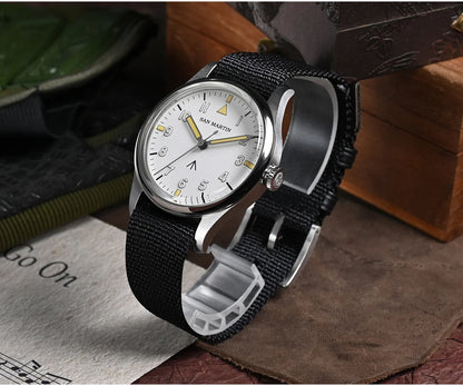 San Martin 36mm Men Pilot Watch VH31 Mechaquartz Movement Sweep Second Quartz Series Simple Style Nylon Strap 10 Bar Luminous