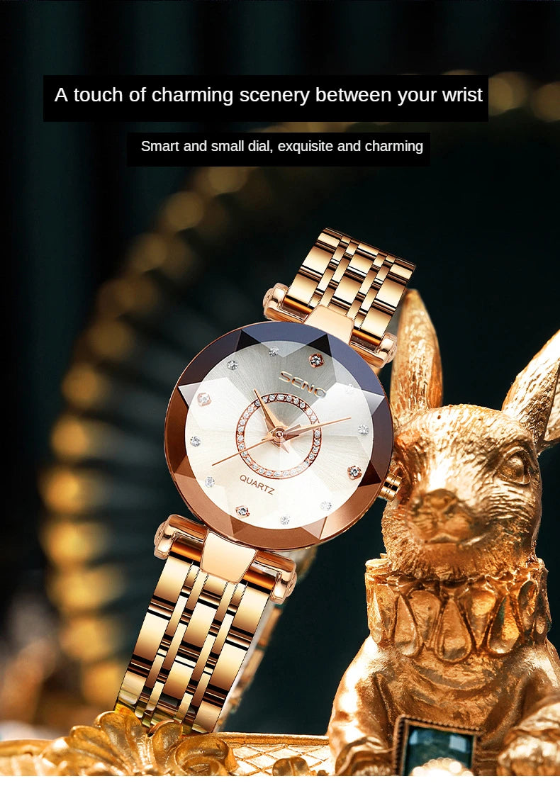 SENO Ocean Star Women Crystal Watch 2025 Top Brand Luxury Rose Gold Women Bracelet Watch For Ladies Wrist Watch Relogio Feminino