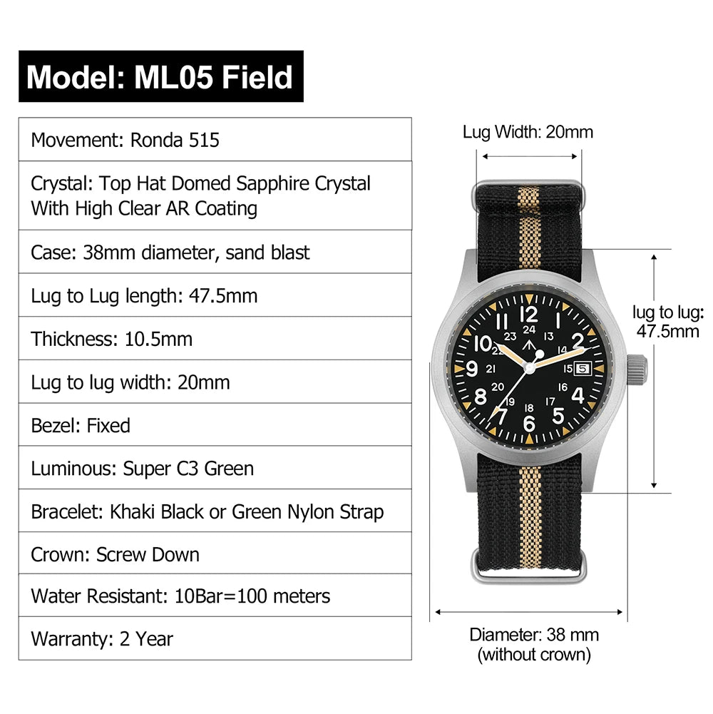 Militado ML05 38mm Quartz Watch Miyota 2035/Ronda 515 Movement Watches Domed Sapphire Crystal Luminous 100m Waterproof Watches