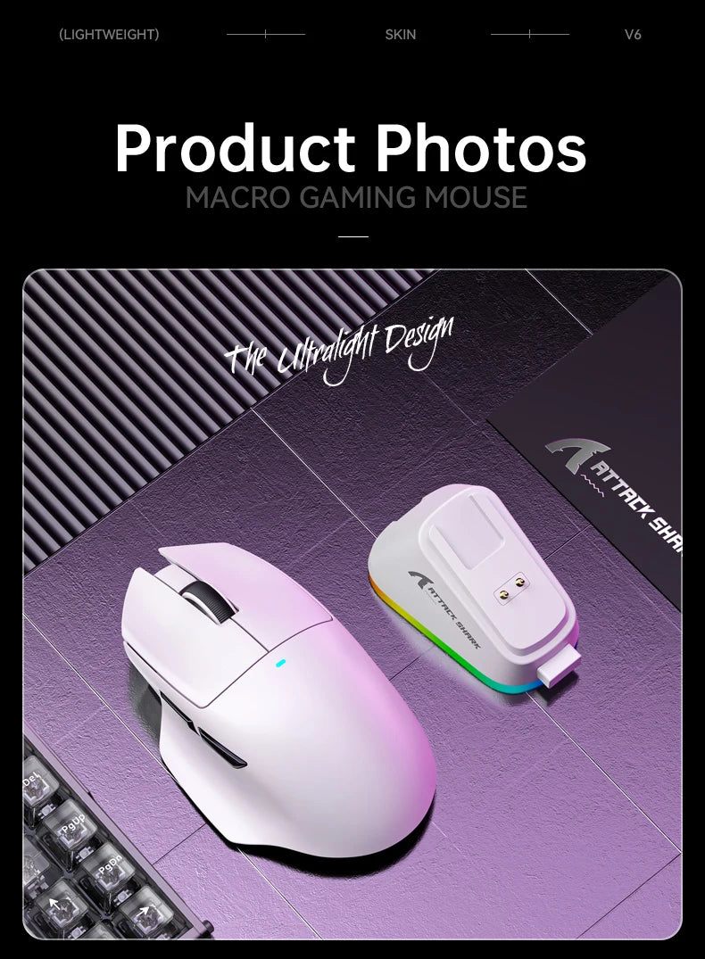 ATTACK SHARK V6  Wireless Gaming Superlight Mouse with RGB Magnetic Charging Dock,PAW3311 Sensor,Macro Gaming Mouse