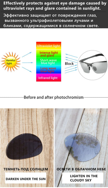 CLLOIO Aluminiumramlösa fotokromatiska solglasögon för män, polariserade, kameleontglasögon för bilkörning, bländskydd, resor, fiske, UV400