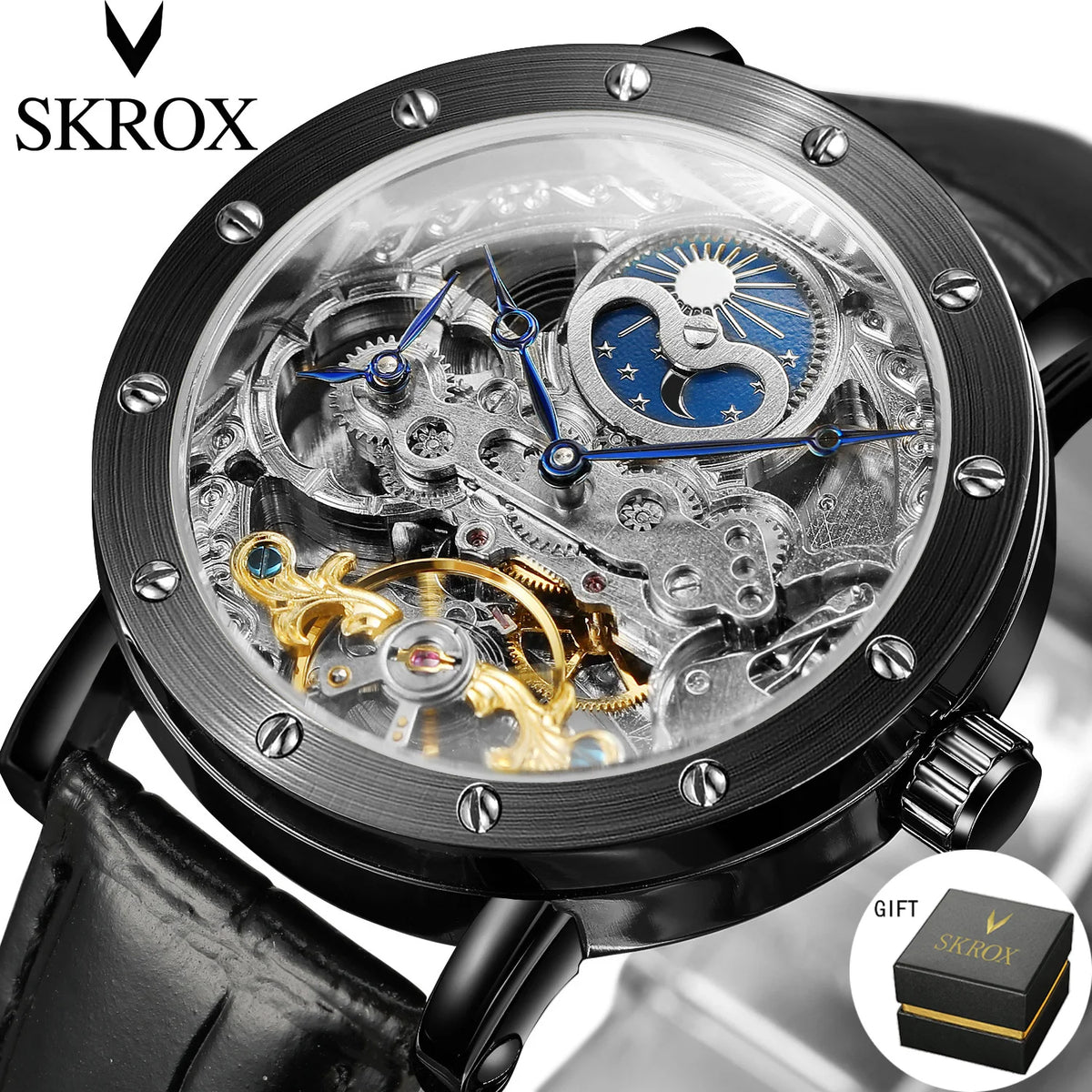 Relógio de pulso mecânico automático SKROX para homem, modelo esqueleto com função GMT, fase lunar e turbilhão – Relógio de luxo de alta gama, elegante e original.