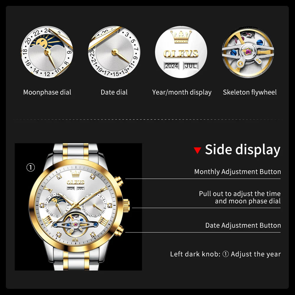 OLEVS Men's Watches Moon Phase Hollow Flywheel Exclusive Original Automatic Mechanical Watches For Men Luxury Man Watch New 7029