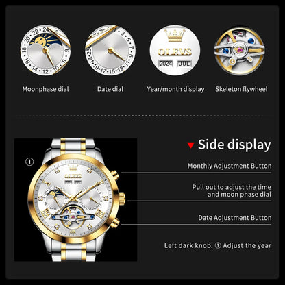 OLEVS Men's Watches Moon Phase Hollow Flywheel Exclusive Original Automatic Mechanical Watches For Men Luxury Man Watch New 7029