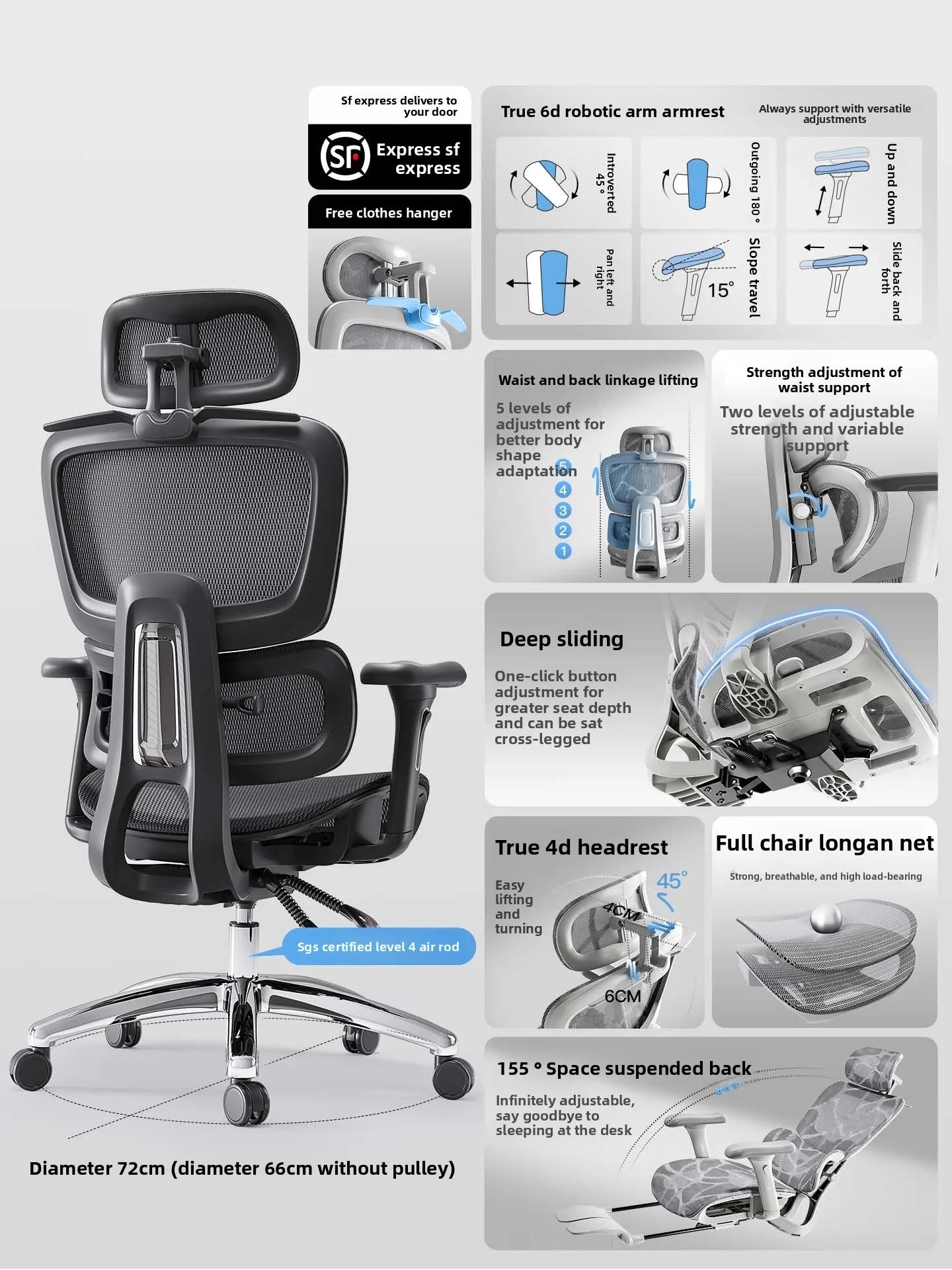 Ergonomic Office Chair Comfortable Long Sitting Home Gaming Computer Recliner Nap Chair Adjustable Height Lumbar Support Swivel