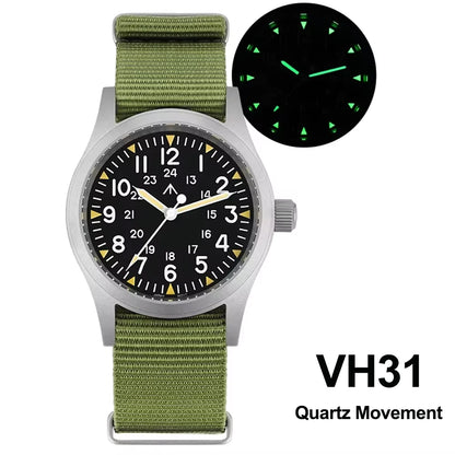 Militado ML05 38mm Military Field Watch VH31 Sweep Quartz Movement Domed Sapphire Crystal Waterproof 100M Super Luminous Watches