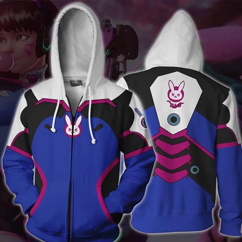 Animepelihuppari, 3D-painatus, Overwatches DVA DJ -cosplay-asu, naisten, miesten ja pariskuntien hupullinen takki, yläosa, vaate