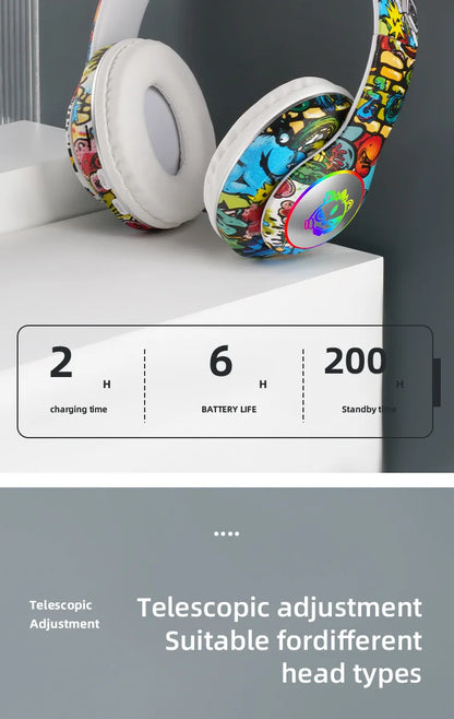 New Graffiti Wireless Overhead Headset with Mic LED Light LX-8686 High Quality TF Card Bluetooth Headphones for PC Gaming Child