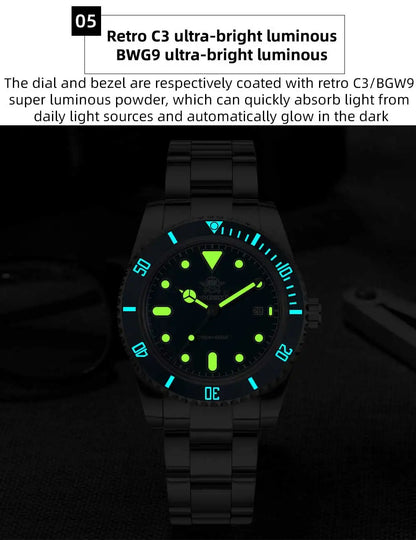 ADDIESDIVE Men's Gift Box Luxury Diver Watch Super Luminous Bubble Mirror Glass Quartz Watch 20Bar Ceramic Bezel Steel Watch