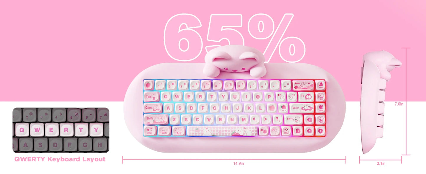 YUNZII C68 Pink 65% Hi-Fi Cute Cat Silicone Hot Swap NKRO Ergonomic Wireless BT5.0/2.4G/Wired RGB Mechanical Gaming Keyboard