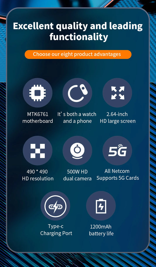 Montre connectée multilingue Domars Full Netcom, grand écran de 2,64 pouces, batterie haute capacité de 1 200 mAh, appels vidéo, application à télécharger