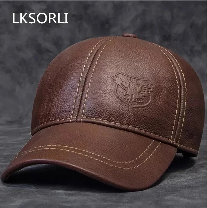 2025 Male Genuine Leather Cowhide 56-60CM Black/Brown Baseball Caps Eagle Print For Man Casual Street Gf Gorras Dad Hat