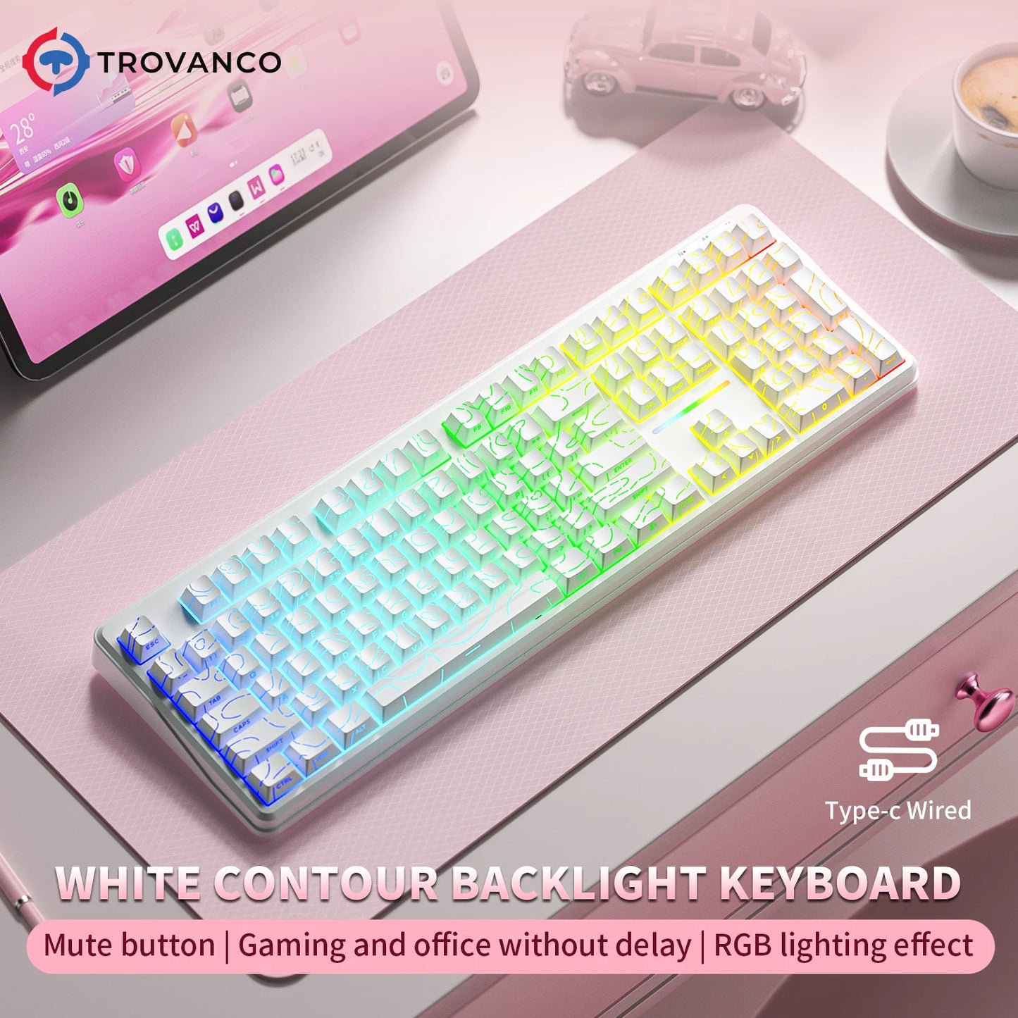 V108 Pro Bluetooth-Tastatur Büro, geräuscharm, 2.4G kabelgebunden & kabellos, vollständiges Layout mit RGB-beleuchteter Membran