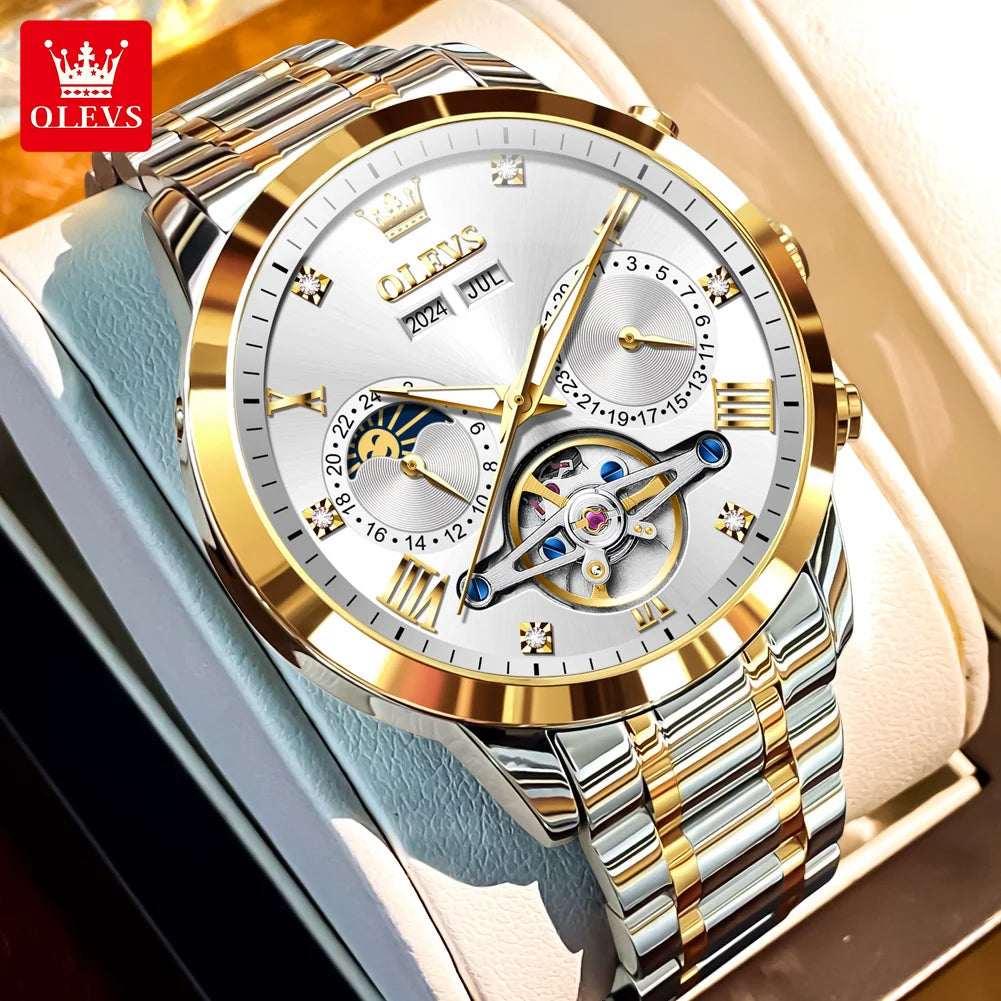 OLEVS Men's Watches Moon Phase Hollow Flywheel Exclusive Original Automatic Mechanical Watches For Men Luxury Man Watch New 7029
