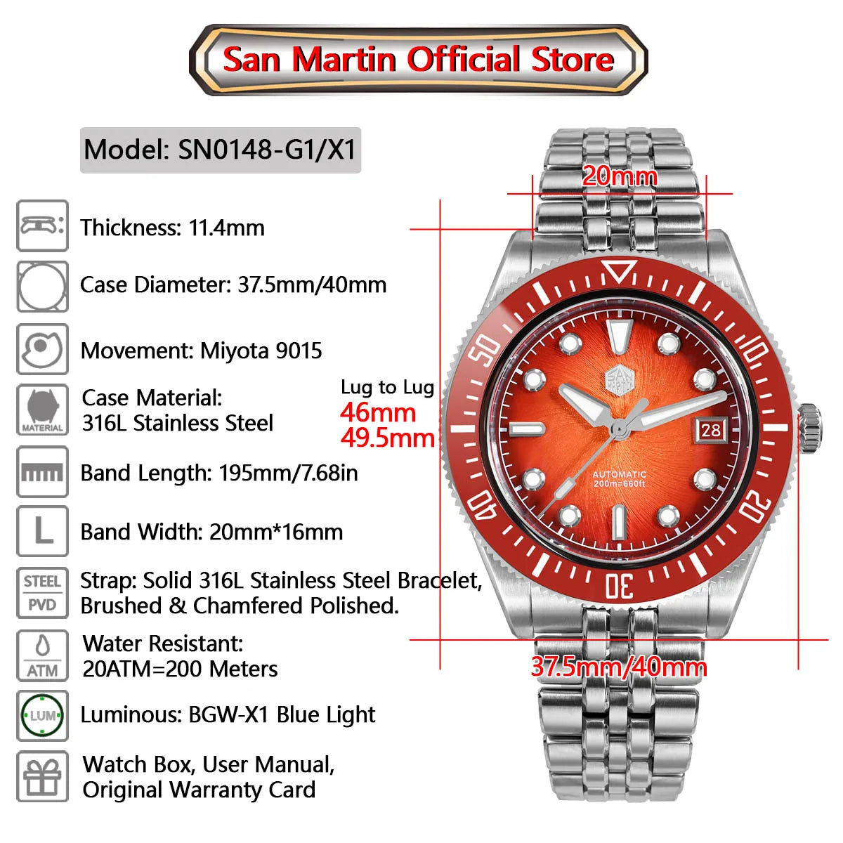 San Martin 37,5 mm 40 mm emajlirana ura z vzorcem spirale in vrtinca za moške, luksuzna potapljaška ura, Miyota 9015, avtomatski mehanski mehanizem, vodoodporna do 200 m, SN0148