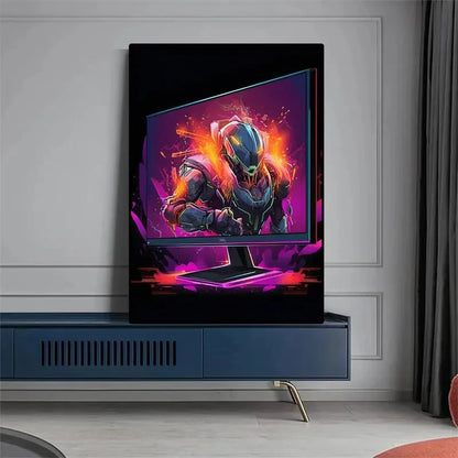Pop-Neon-Poster mit Videospiel-Charakter, Gamepad, Kopfhörern, Fußball und Basketball – Leinwanddruck, Wandkunst-Dekor für das Gaming-Zimmer