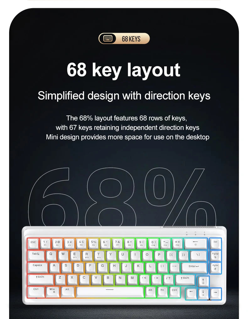 FREEWOLF M68SE Tastatur mit mechanischem Tippgefühl, 68 Tasten, Mini, kabelgebunden, kompakt und leise, für Laptops, Gaming und Bürogebrauch