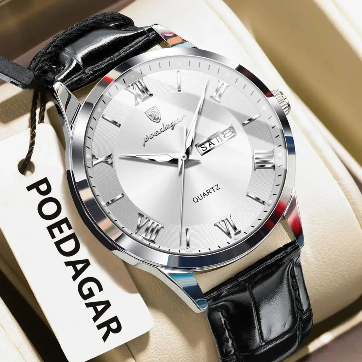 Relógio de homem na moda POEDAGAR, bracelete em pele, data e dia da semana, relógio de quartzo de luxo, estanque, luminoso, estilo business descontraído.