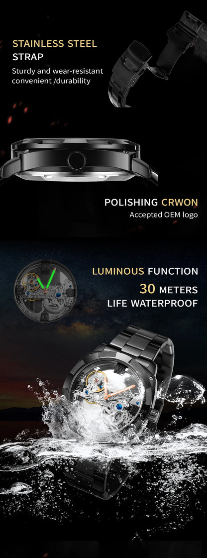 2024Top Brand Luxury Stainless Steel Skeleton Tourbillon Automatic Movement Men Watch Mechanical Waterproof Luminous Wrist Clock