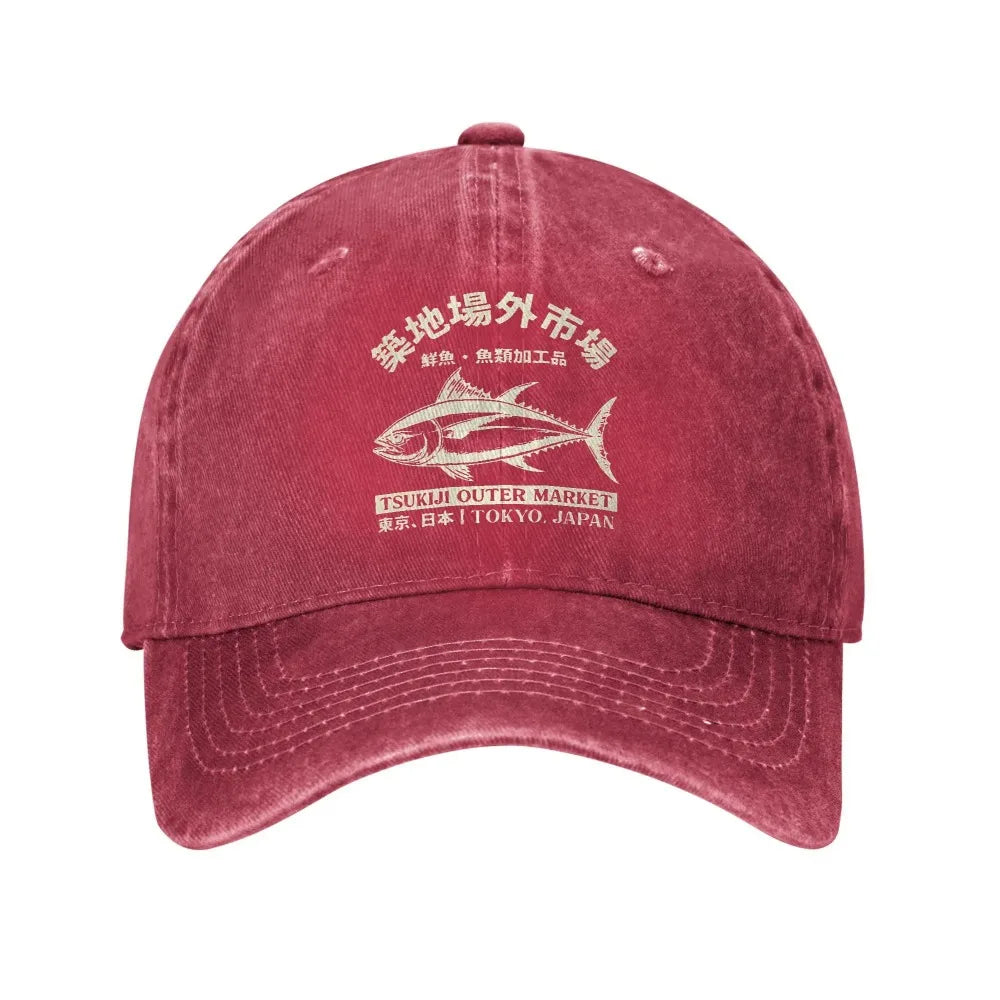Japanse Tsukiji-vismarkt, gewassen, Tokio, Japan, baseballpet, zongewassen truckerpet, dames- en heren-snapbackpet
