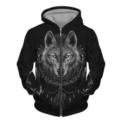 3D Wolf Print Men Zipper Hoodies Fashion Animal Pattern Top Coat Street Punk Style Oversized Sweatshirts Outdoor Leisure Jackets