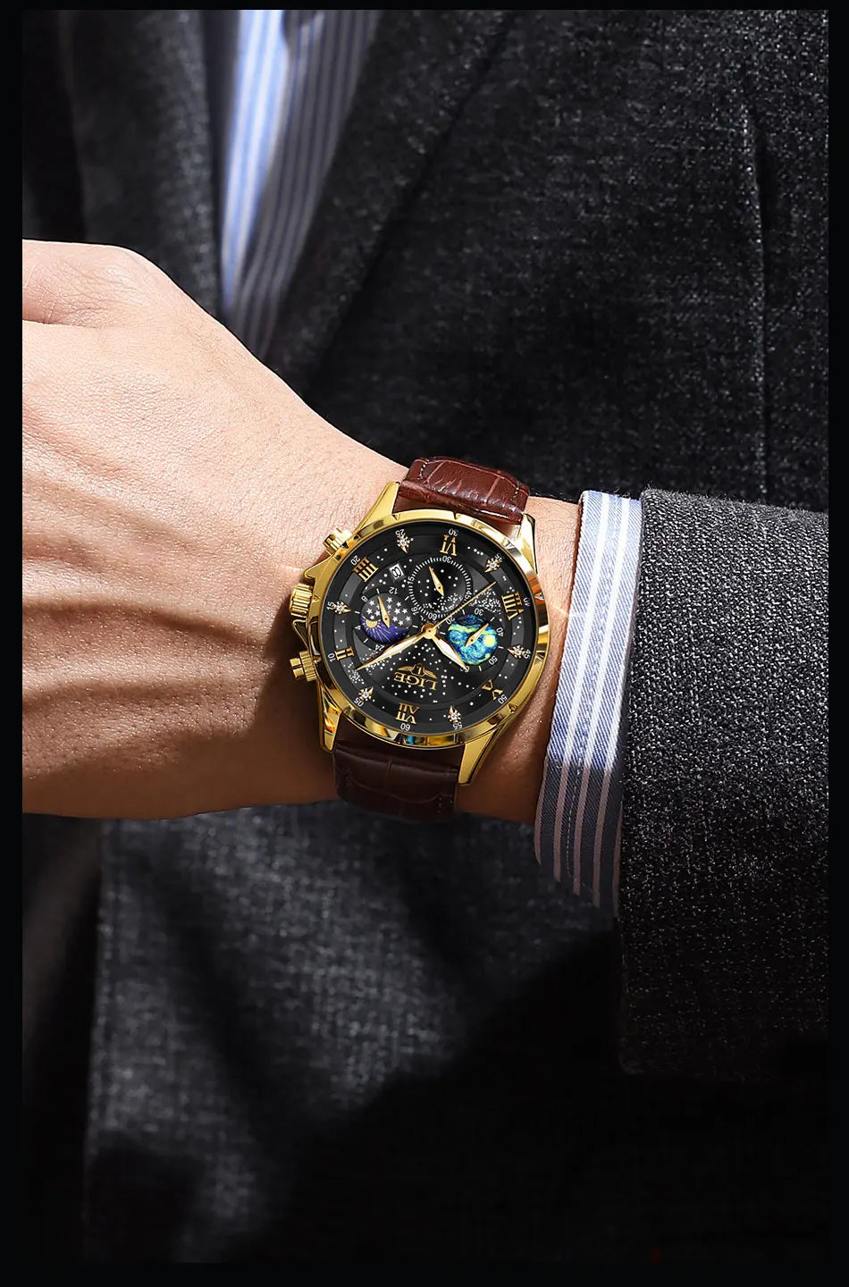 Relógio para homem LIGE – Relógio de quartzo de luxo, estilo descontraído, bracelete em pele, ideal para o trabalho ou para a prática desportiva, resistente à água, com data e cronógrafo.