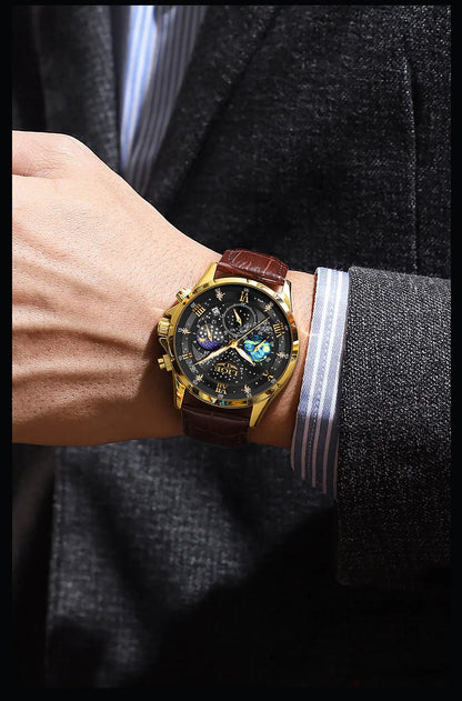 Relógio para homem LIGE – Relógio de quartzo de luxo, estilo descontraído, bracelete em pele, ideal para o trabalho ou para a prática desportiva, resistente à água, com data e cronógrafo.