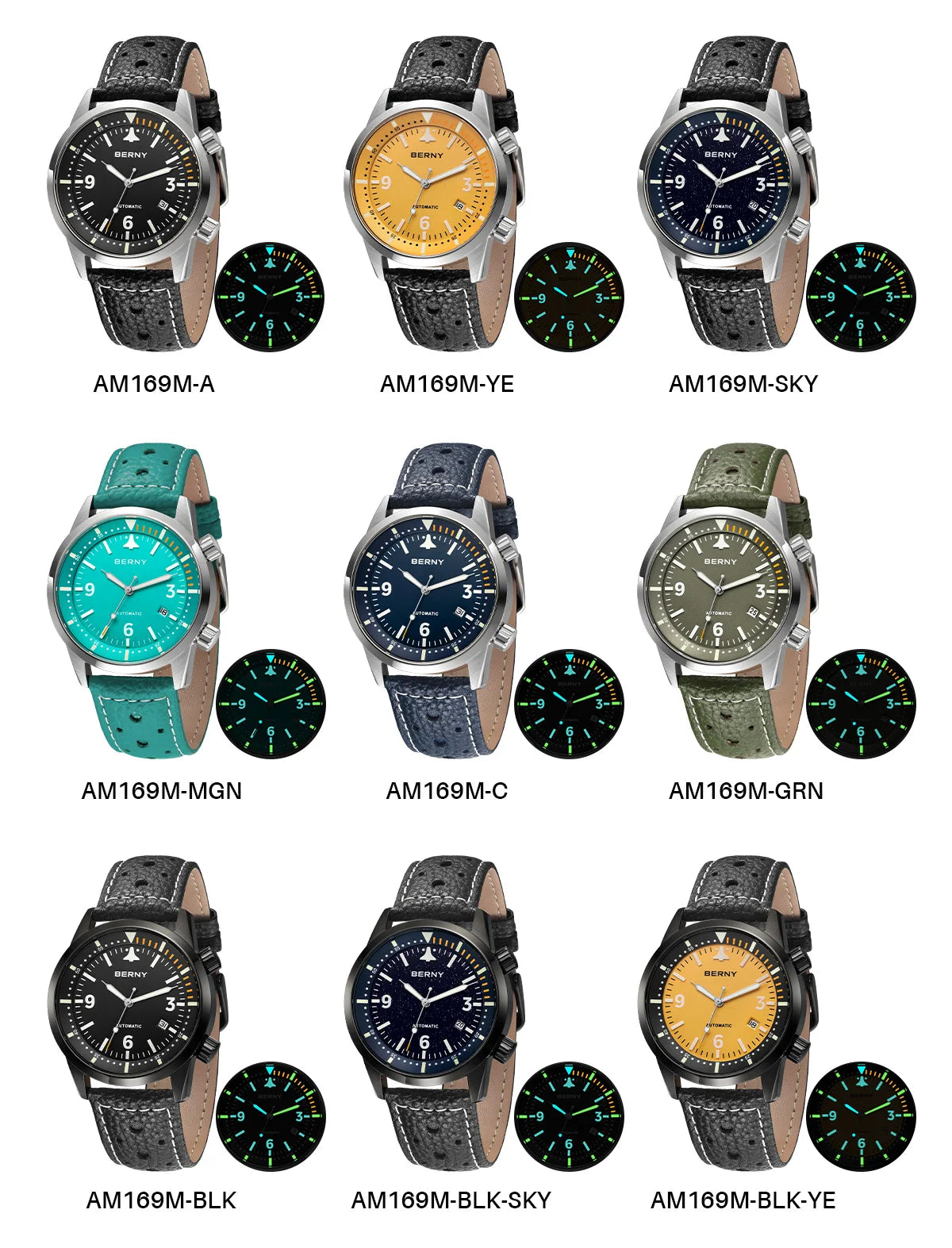 BERNY Men's Automatic Diver Watch Supper Luminous Sapphire AR Coated MlYOTA 8215 Leather Strap Mechanical Diving Watches for Men