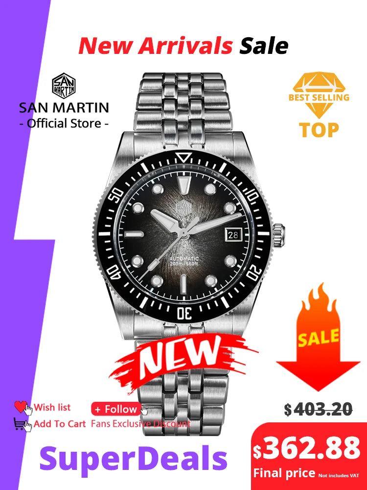 San Martin 37,5 mm 40 mm emajlirana ura z vzorcem spirale in vrtinca za moške, luksuzna potapljaška ura, Miyota 9015, avtomatski mehanski mehanizem, vodoodporna do 200 m, SN0148