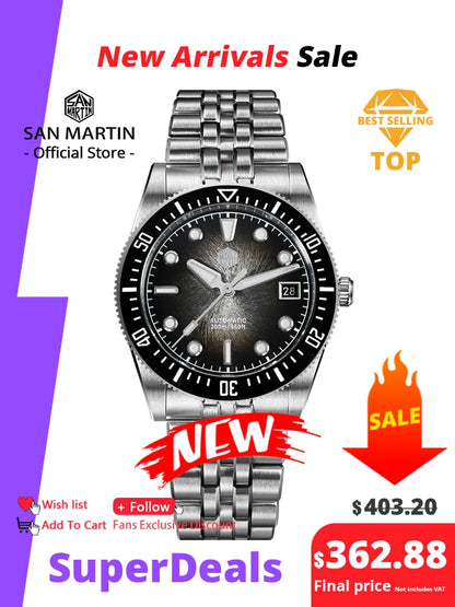 San Martin 37,5 mm 40 mm emajlirana ura z vzorcem spirale in vrtinca za moške, luksuzna potapljaška ura, Miyota 9015, avtomatski mehanski mehanizem, vodoodporna do 200 m, SN0148